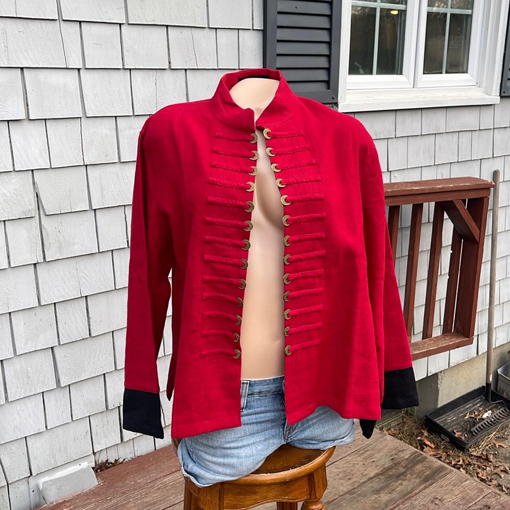 Peacock Ways Open Knit Blazer Size Large- Military Style, Coin Lined Detail